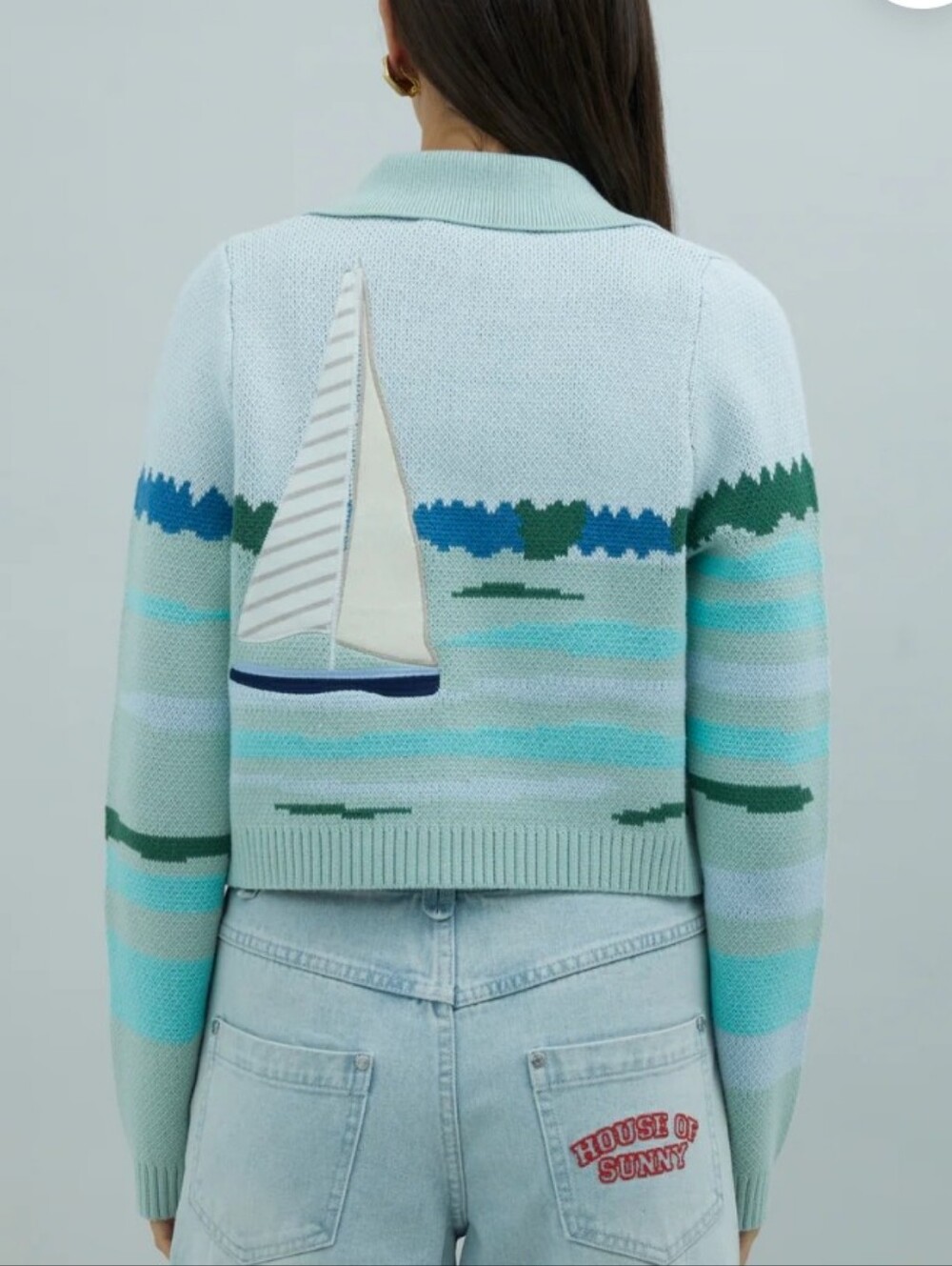 House of Sunny Pastel Mint & Teal Sailboat Knit Cardigan - Picture 3 of 8